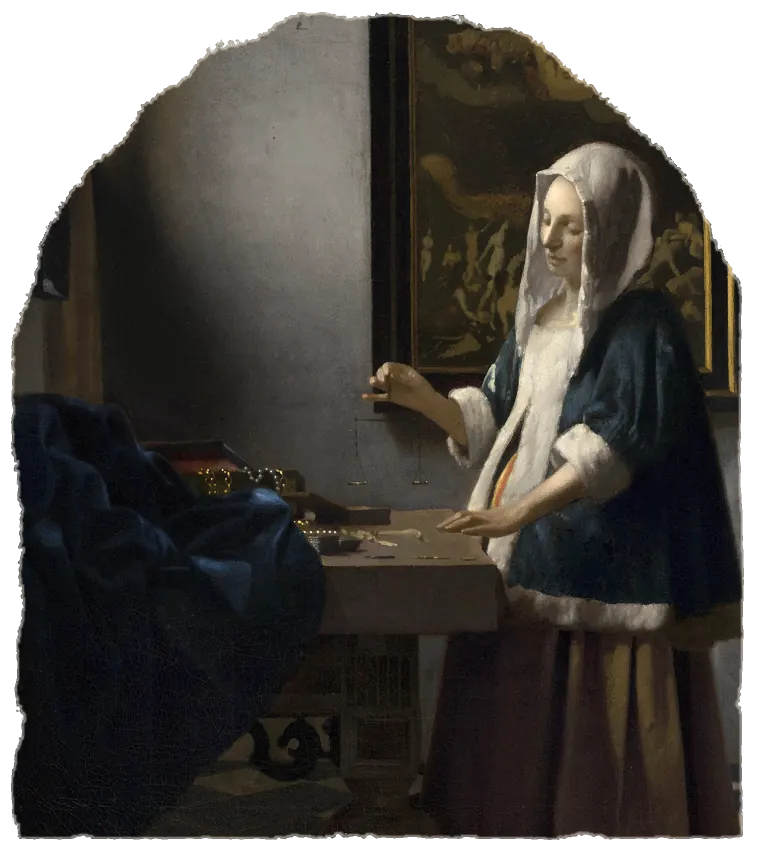 A woman in a blue jacket stands at a table holding up a small empty balance, with a painting of the Last Judgement on the wall behind her.