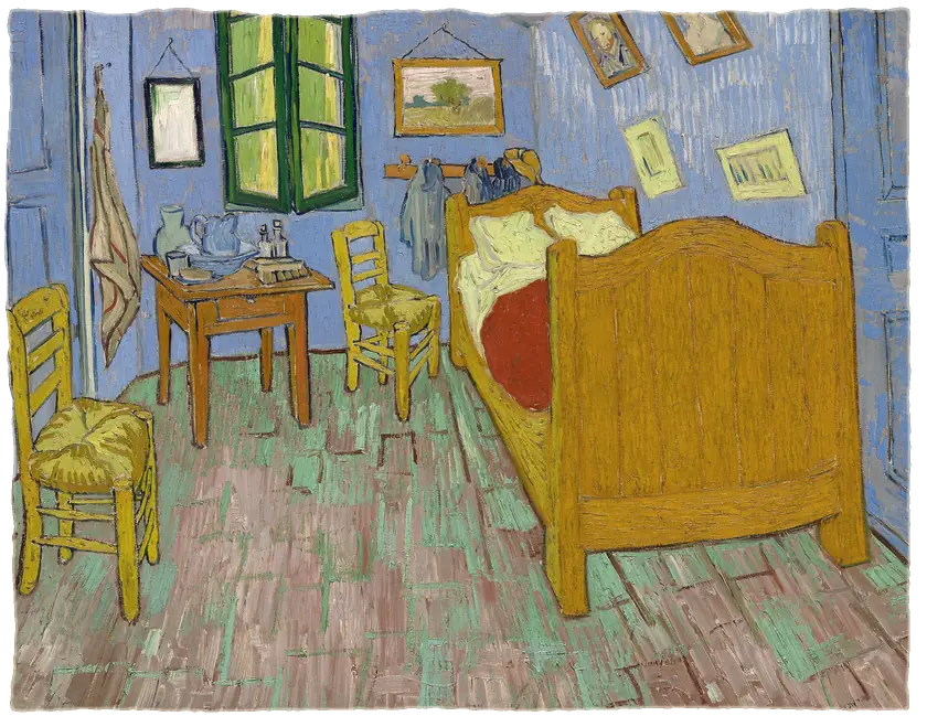 A small bedroom with a wooden bed, two yellow chairs and blue walls, painted in thick strokes, with green shutters at the window.