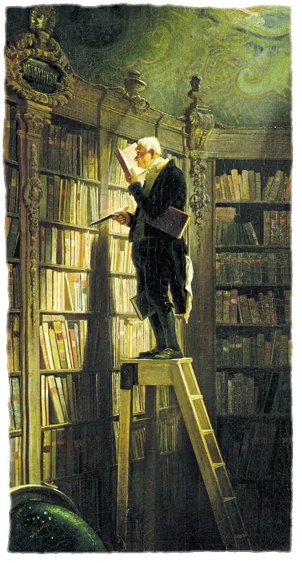 A man in a dark coat stands on a ladder in a library, reading a book he has taken from the highest shelf.