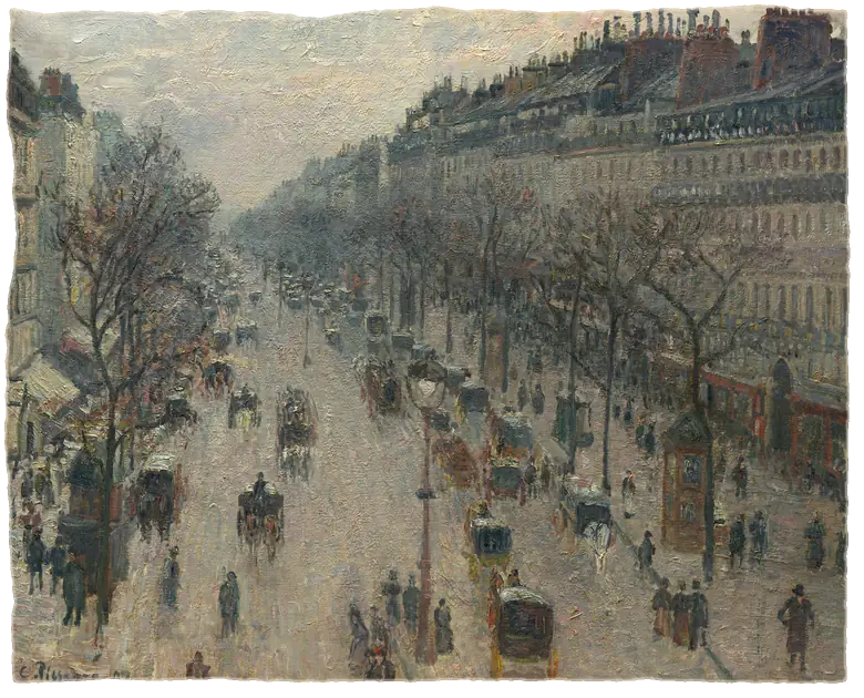 A wide Paris boulevard seen from above on a grey winter morning, carriages and walkers under bare trees.
