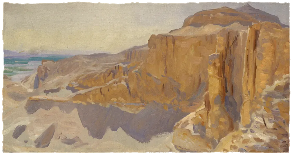 Golden limestone cliffs above a pale valley, painted in oil at Deir el-Bahri.