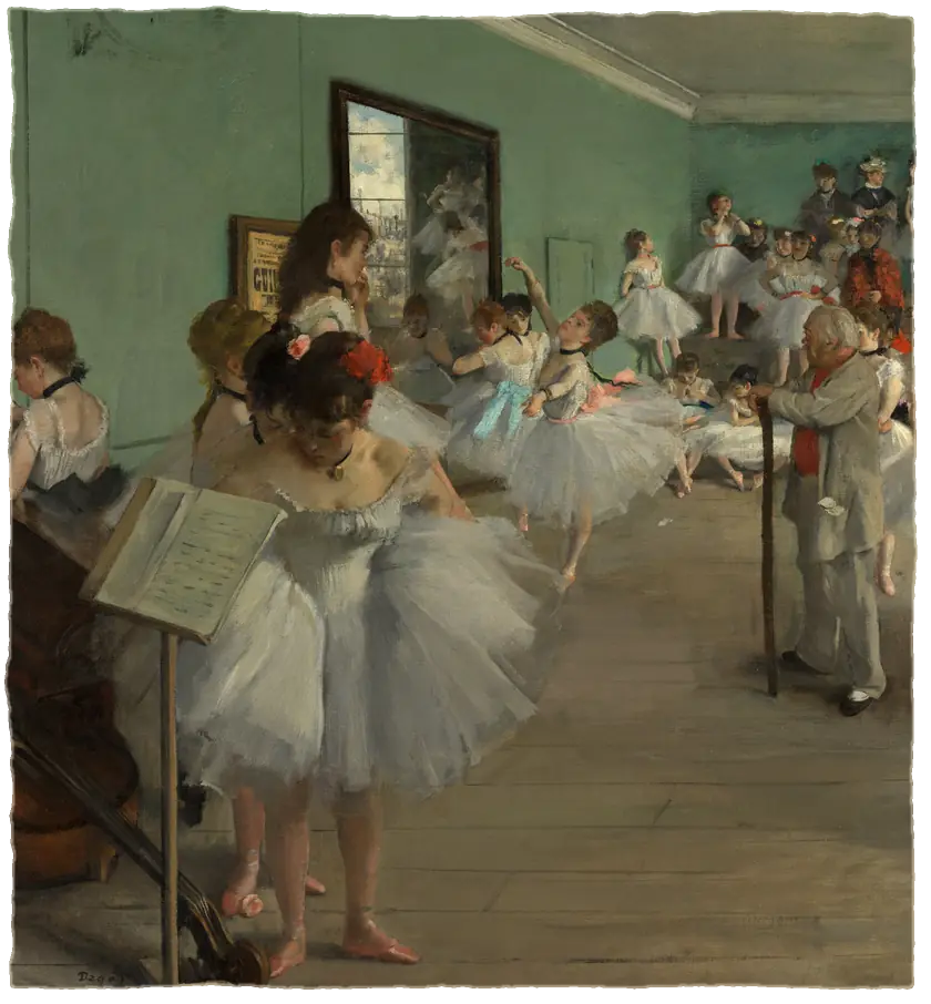 A dance class in a long room: dancers in white tutus stand and stretch, a teacher with a cane in front of a tall window, a score on a stand.