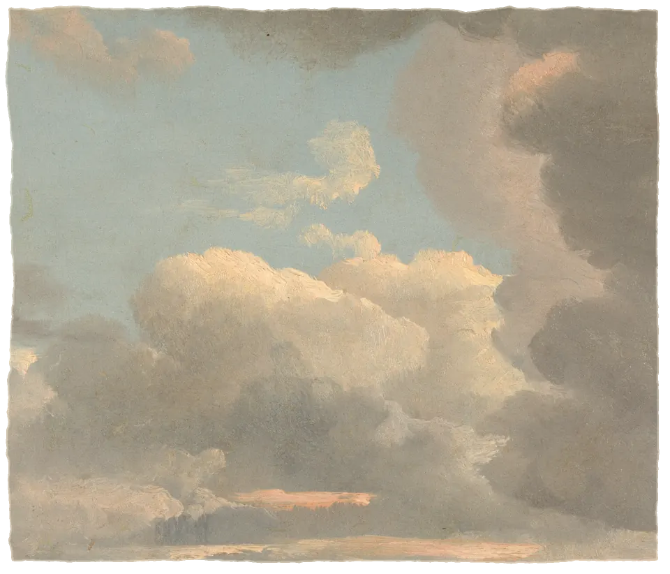 An oil study of evening cloud, white and grey masses lit pink from below.