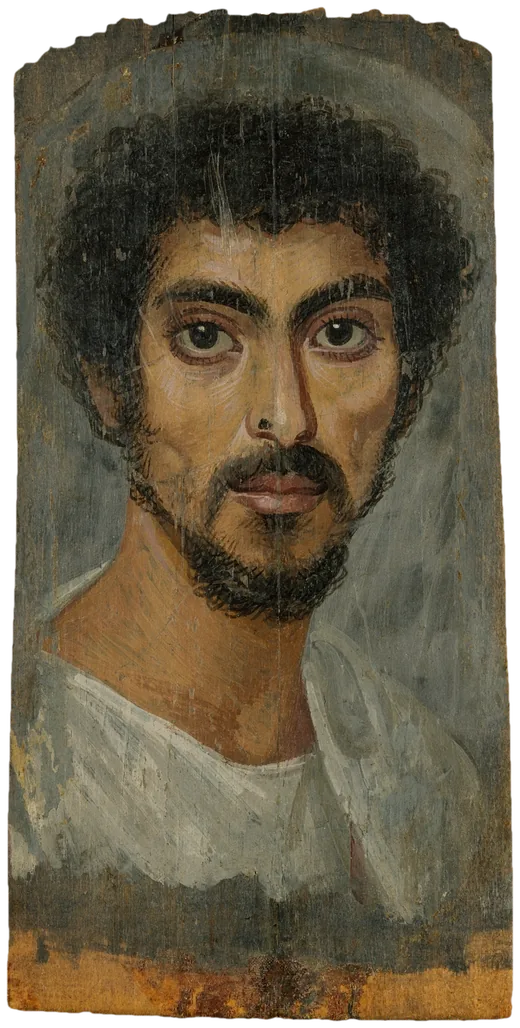 A bearded man with dark curly hair in a white tunic, painted on a wooden panel against a grey-blue ground.