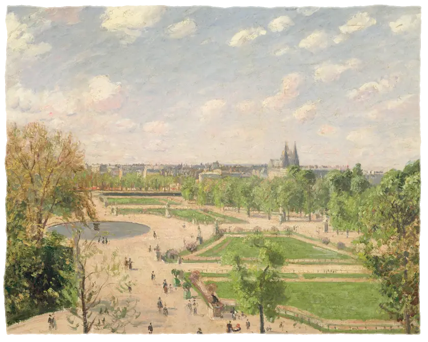 A view down over the Tuileries garden in spring: paths, lawns and trees under a sky of small clouds.