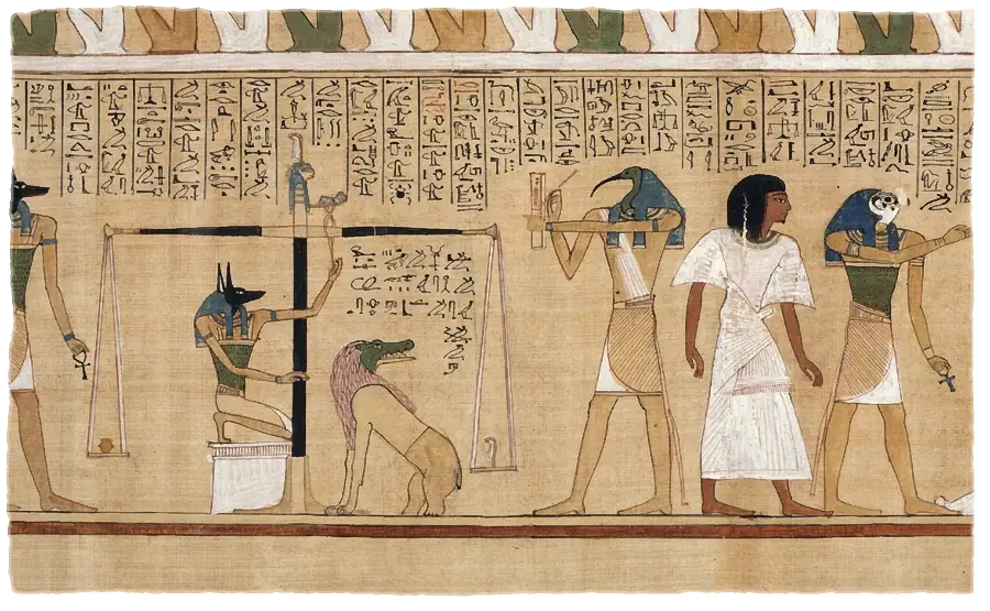The weighing of the heart on a papyrus: Anubis at the scales, and ibis-headed Thoth with palette and reed, recording the verdict.