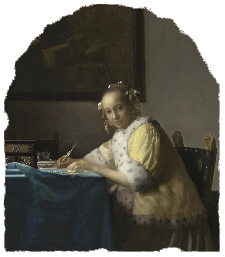 A young woman in a yellow jacket trimmed with ermine sits at a table with a quill in her hand, turning to look out of the picture.